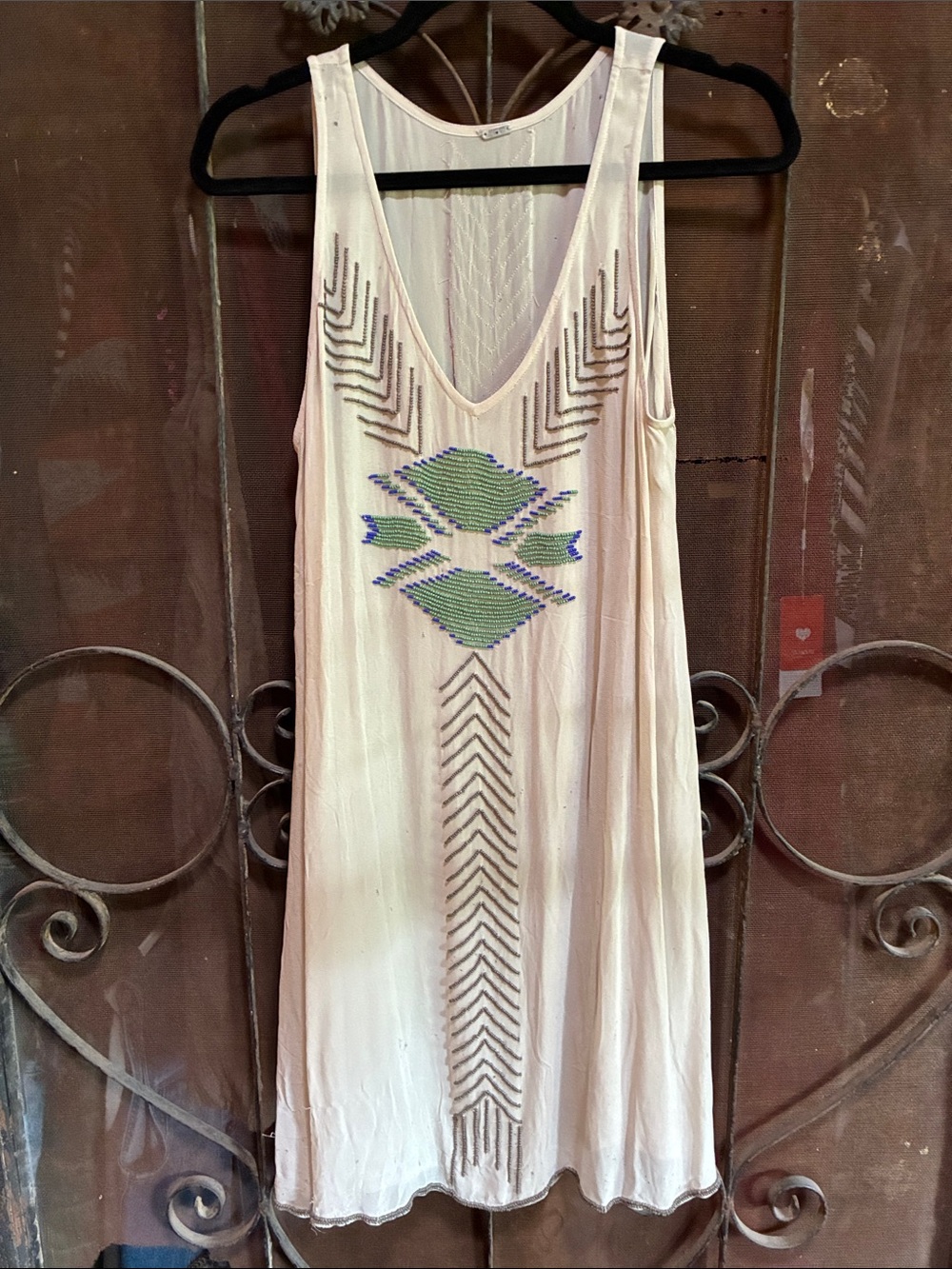 Chan Luu Cream Mini Dress with Green & Blue Embroidery